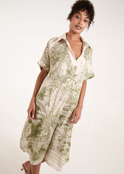 Blue Vanilla Khaki Palm Leaf Open Collar Dress