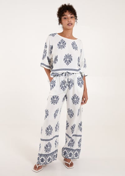 Blue Vanilla Navy Border Print Wide Leg Trousers