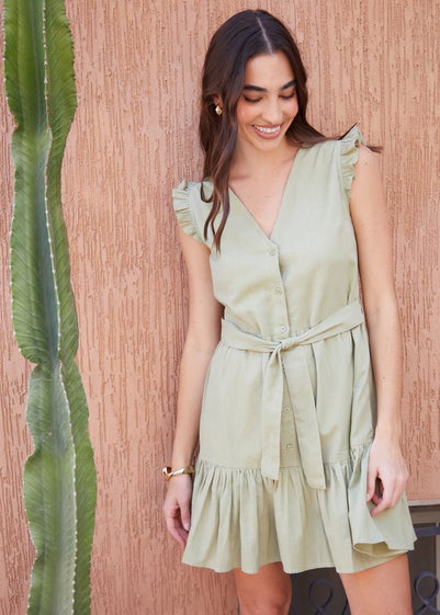 Threadbare Green Suzy Linen Blend Frill Sleeve Mini Dress