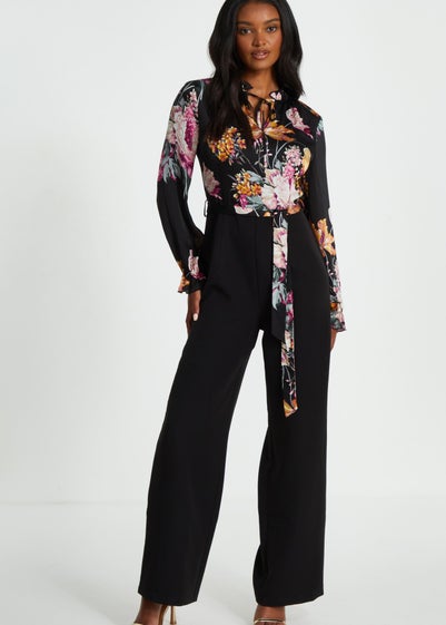 Quiz Black Floral Chiffon Contrast Wide Leg Jumpsuit