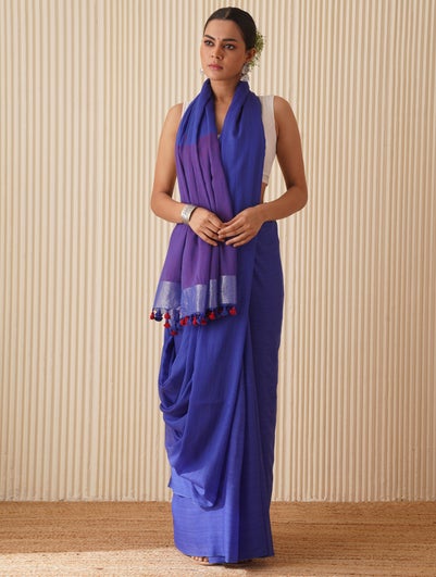 HUTS AND LOOMS Women Blue Modal Hand woven Saree