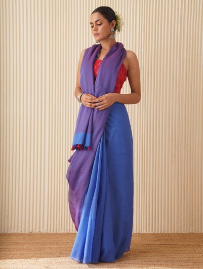 HUTS AND LOOMS Women Blue Modal Hand woven Saree