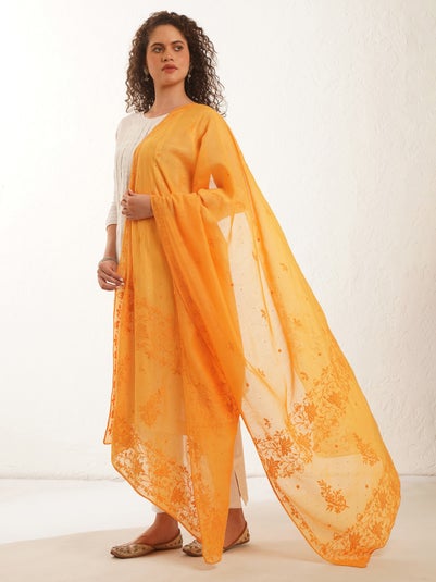 Women Yellow Cotton Silk Chikankari Dupatta