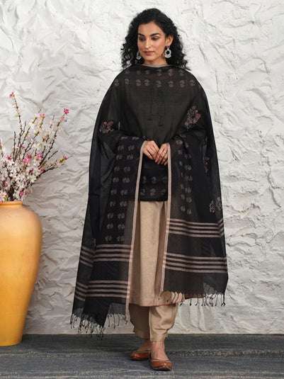 Women Black Cotton Block print Dupatta