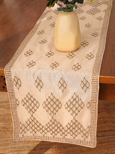 Beige Chanderi Silk Table Runner