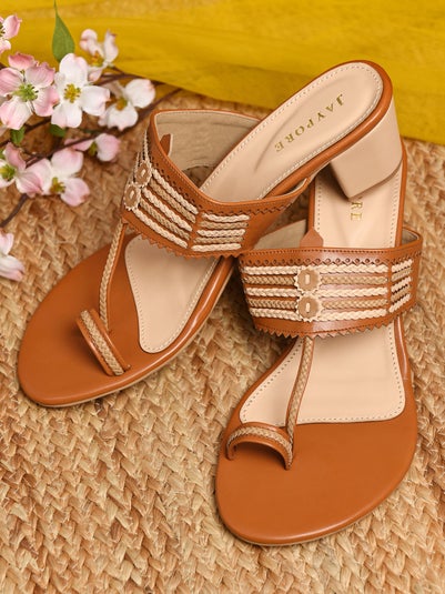 Women Brown Leather Braided Heels