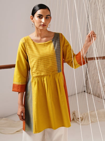 Women Mustard Yellow Cotton Flared Striped Hand woven Tunic - M