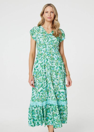 Izabel London Green Leaf Print Lace Trim Maxi Dress