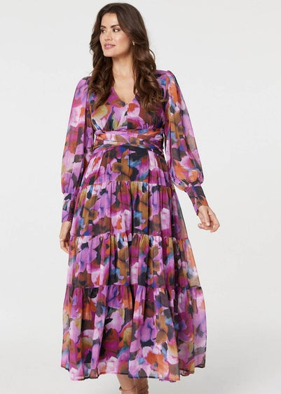 Izabel London Pink Floral Long Sleeve Ruched Maxi Dress