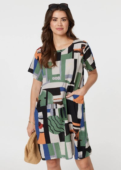 Izabel London Green Printed Pocket Short Sleeve Shift Dress