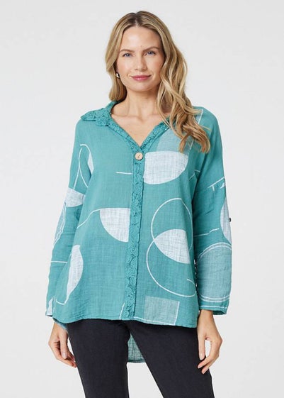 Izabel London Teal Printed Long Sleeve Button Detail Blouse