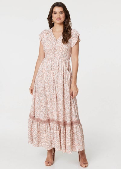 Izabel London Pink Paisley Print Lace Trim Maxi Dress