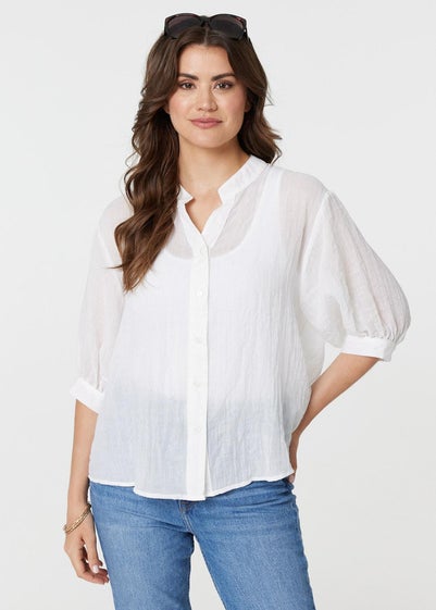 Izabel London White Collarless Button Back 3/4 Sleeve Blouse