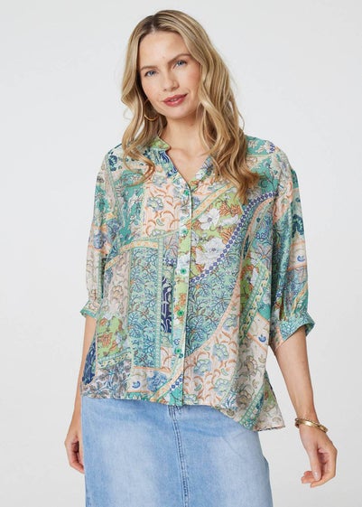 Izabel London Green Paisley 3/4 Collarless Blouse