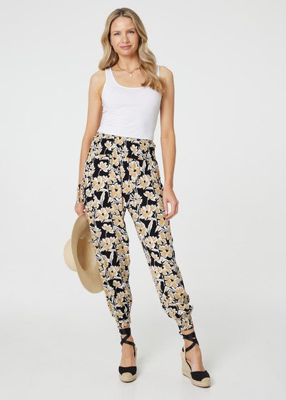 Izabel London Black Floral Tassel Tie Pocket Harem Pants