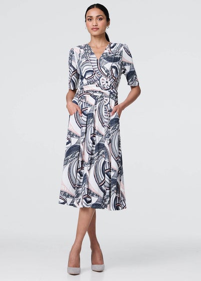 Izabel London Navy Printed 1/2 Sleeve Knee Length Wrap Dress