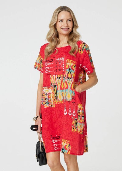 Izabel London Red Printed Round Neck Relaxed Shift Dress