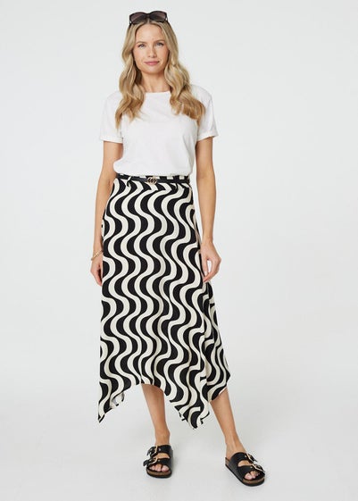 Izabel London Black Wave Print Hanky Hem Belt Midi Skirt