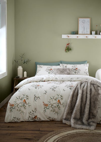 Catherine Lansfield Brushed Mistletoe Robins Cotton Reversible Duvet Cover Set