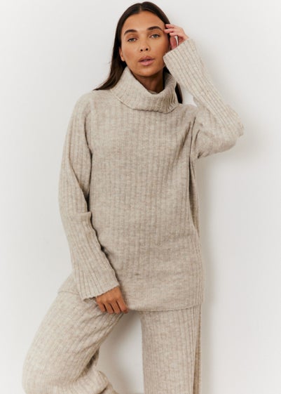 In The Style Oatmeal Wide Rib Roll Neck Knit Jumper