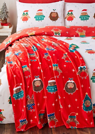 Catherine Lansfield Christmas Party Robins Cosy Fleece Blanket Throw (130x170cm)