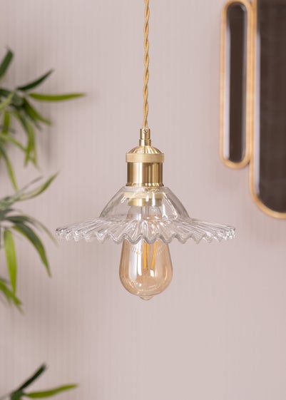 ValueLights Lucrezia Brushed Gold Pendant Light Clear Frilled Glass Shade (112cm x 21.5cm x 21.5cm)