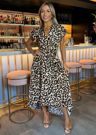 AX Paris Brown Leopard Print Short Sleeve Belted Wrap Midi Dress