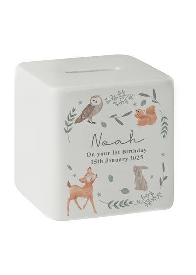 Personalised Memento Company White Woodland Animals Ceramic Square Money Box