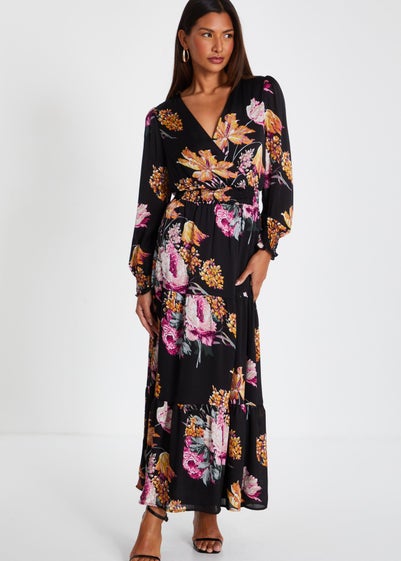 Quiz Black Floral Chiffon Tiered Midaxi Dress