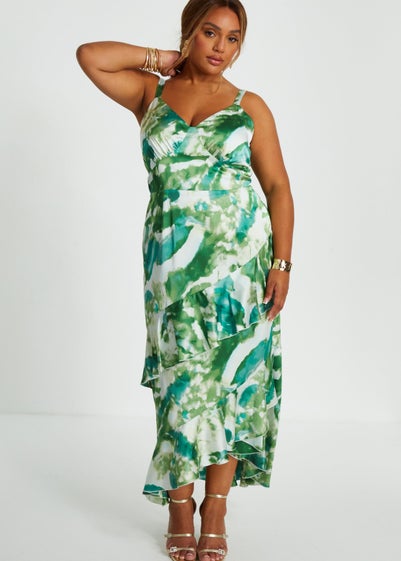 Quiz Green Curve Marble Print Ruffle Maxi Dress