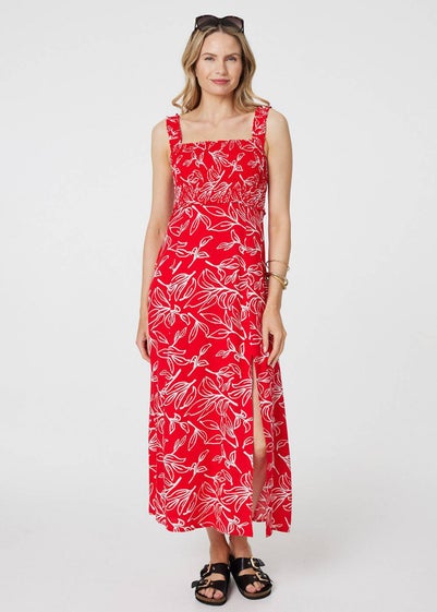 Izabel London Red Floral Square Neck Midi Sun Dress