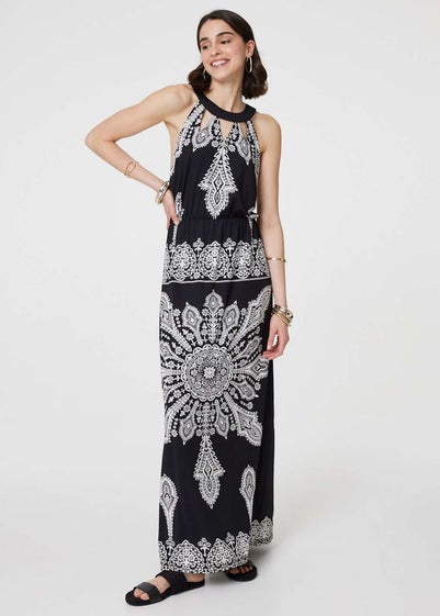 Izabel London Black And White Mosaic Print Halter Neck Long Dress