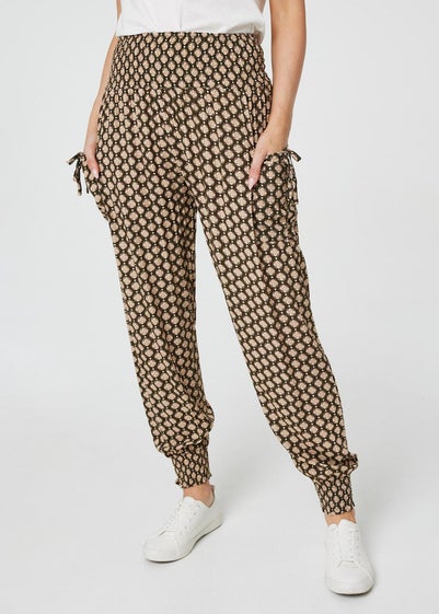 Izabel London Khaki Mosaic Print High Waist Harem Trousers