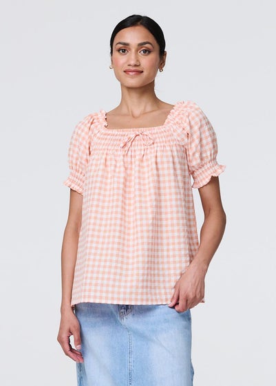 Izabel London Pink Gingham Check Puff Sleeve Blouse