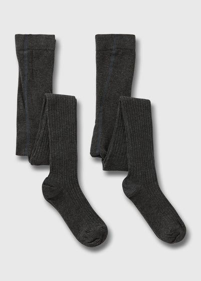 2 Pack Grey Ribbed Tights (4-13yrs)