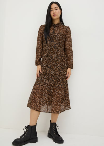 Brown Animal Mesh Shirt Midi Dress