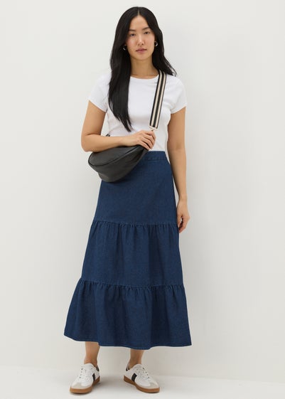 Blue Mid Wash Tiered Maxi Skirt