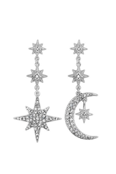 Mood Silver Crystal Moon And Star Statement Drop Earrings