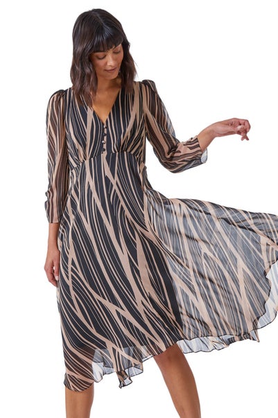 Roman Black Abstract Chiffon Wrap Asymmetric Midi Dress