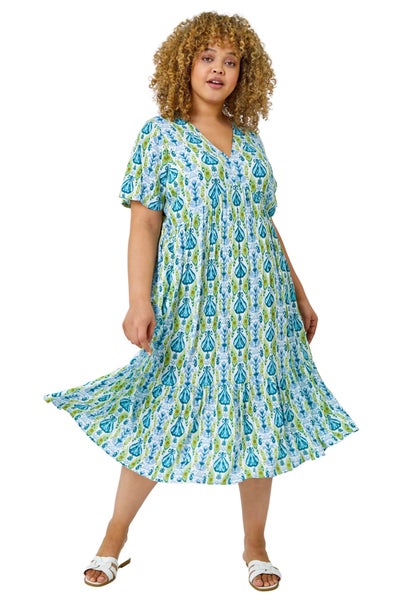 Roman Lime Curve Abstract Tiered Midi Dress
