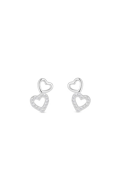 Simply Silver Sterling Silver 925 Polished and Cubic Zirconia Double Heart Stud Earrings