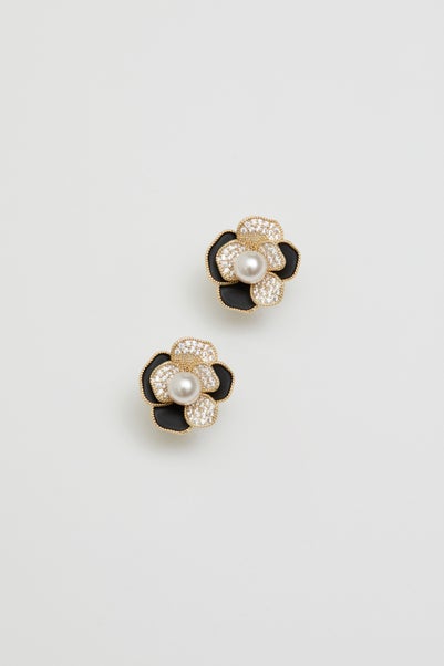 Jon Richard Gold Plated Jet And Pearl Flower Stud Earrings