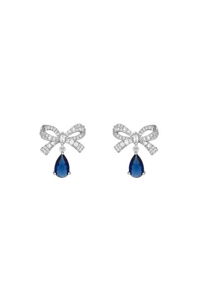 Jon Richard Rhodium Plated Cubic Zirconia Bow And Blue Peardrop Earrings