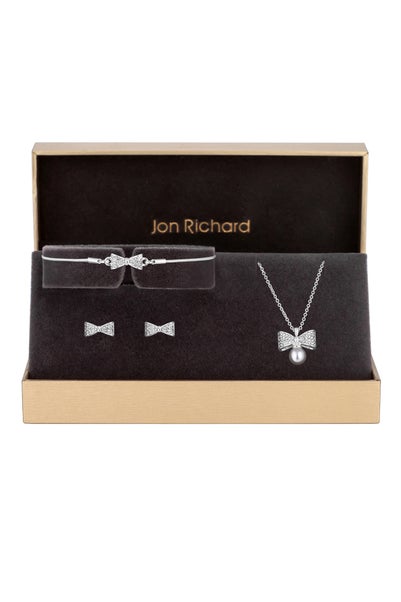 Jon Richard Silver Plated Crystal Bow and Pearl Set Gift Boxed