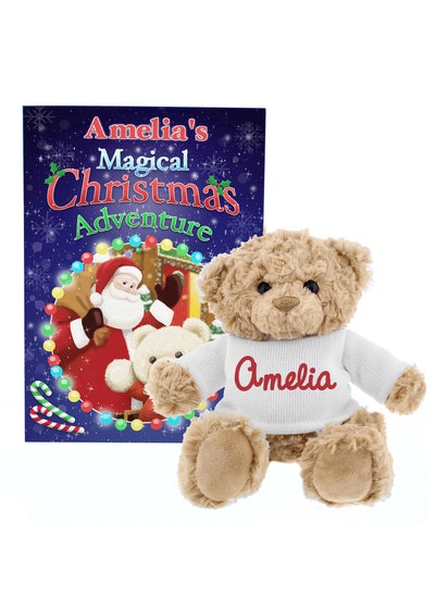 Personalised Memento Company Blue Magical Christmas Adventure Story Book and Teddy Bear