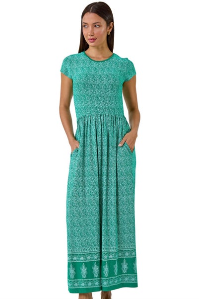 Roman Green Paisley Relaxed Stretch Maxi Dress