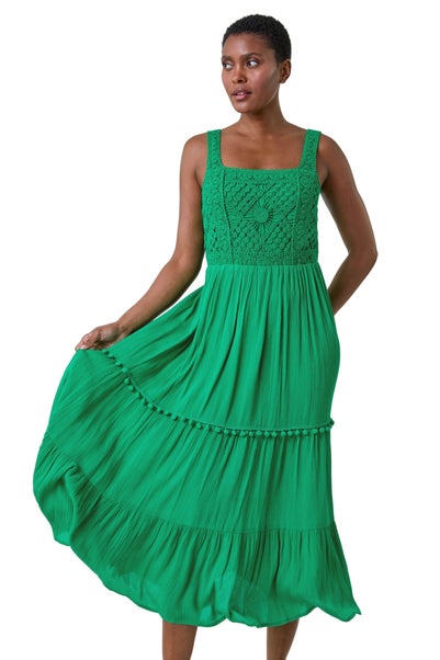 Roman Green Crochet Detail Cotton Blend Maxi Dress