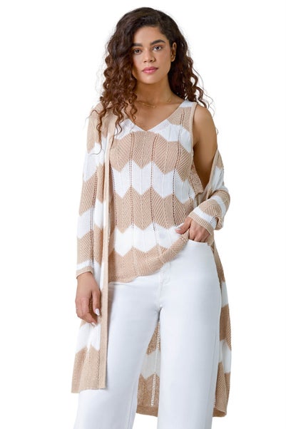 Roman Natural Chevron Stripe Shimmer Longline Cardigan