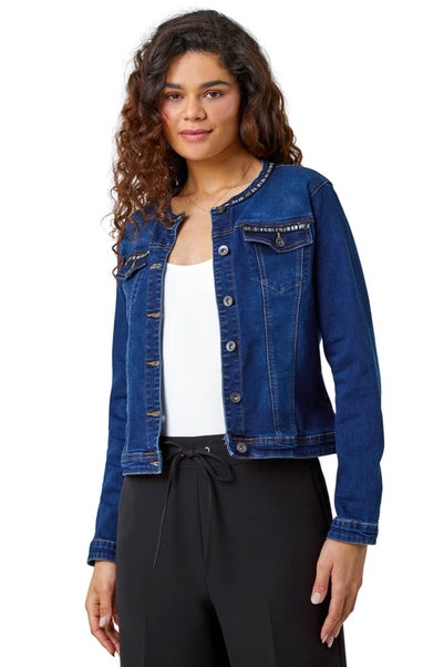 Roman Indigo Collarless Tape Stretch Denim Jacket