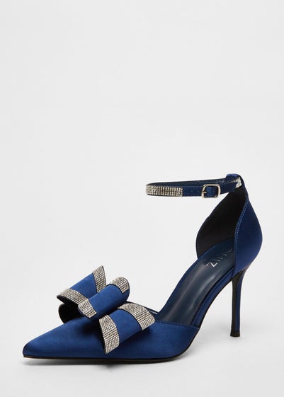 Quiz Navy Satin Diamante Bow Court Heels